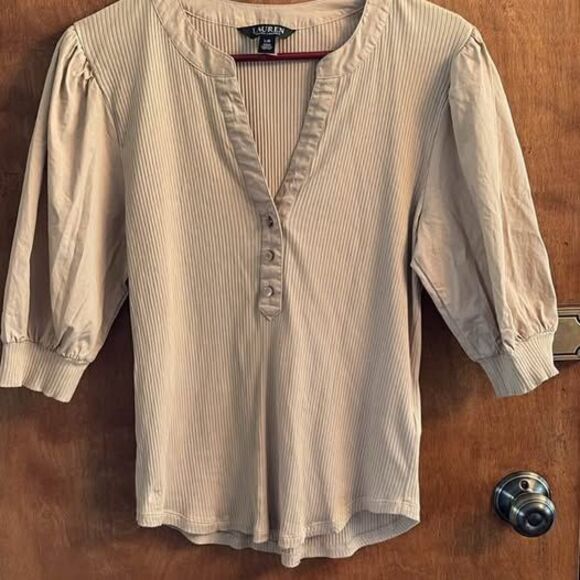 Ralph Lauren Puff Sleeve Tan Henley Top Women’s Large - Picture 1 of 10
